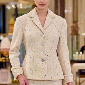 VTG ~ Peggy Jennings Cream Blazer Tailored Fit Notched Lace Lapels Silk Lining